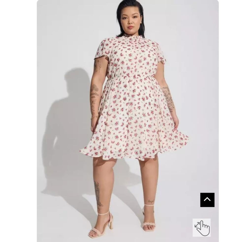 Torrid Mini Chiffon Smocked Dress 1X Floral Cottage Flutter Sleeve Mock Neck